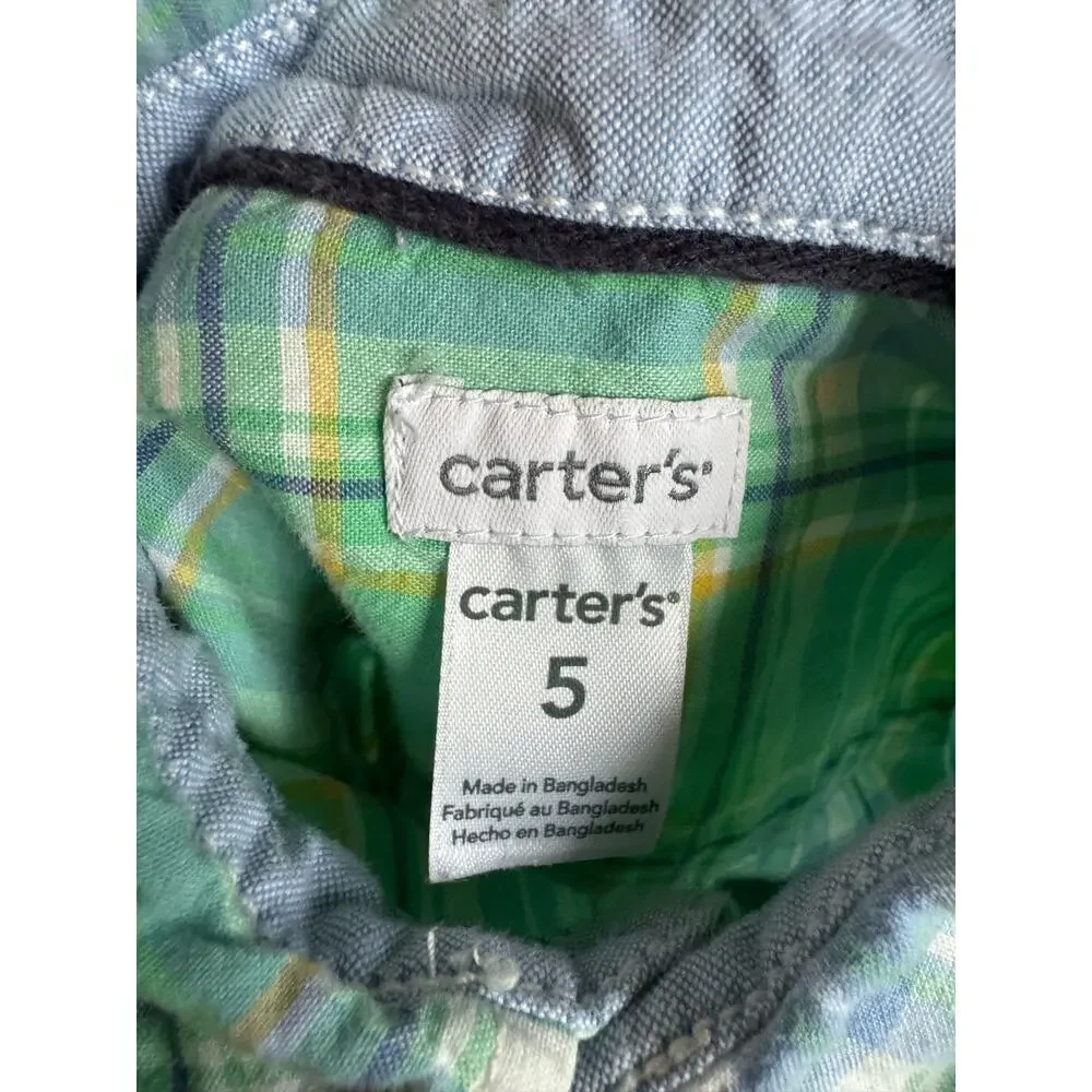 Carter's Boys Shirt Sz 5 Green White Blue Yellow Long Sleeve Plaid‎ Buttons